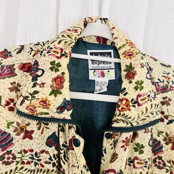 Vintage Detail Express 100% Silk* Floral Satin Lined Bomber Jacket. Size L. EUC - Picture 2 of 8